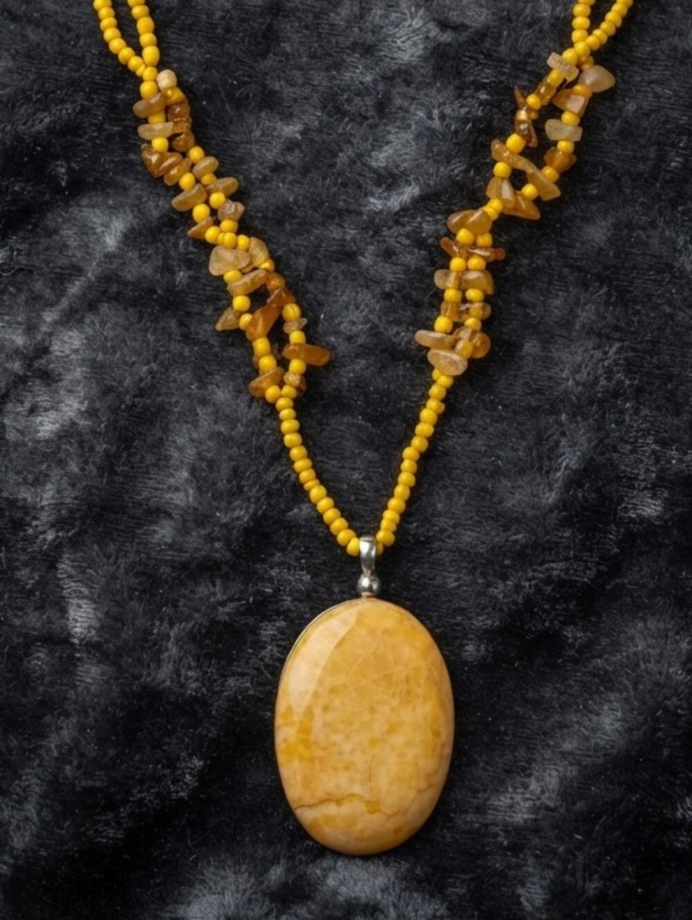 Handcrafted Boho Yellow Jasper Chip & Seed Bead Pendant Necklace CC